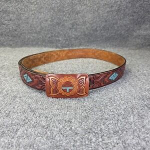 Vintage TOOLED Belt Buckle Southwestern Leather 42 Native american Indian Cowboy